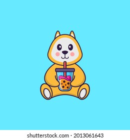 Cute dog Drinking Boba milk tea. Animal cartoon concept isolated. Can used for t-shirt, greeting card, invitation card or mascot.