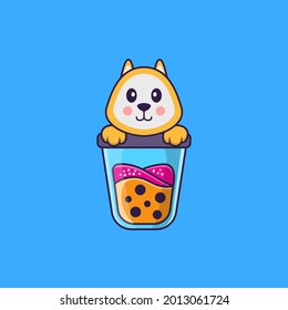 Cute dog Drinking Boba milk tea. Animal cartoon concept isolated. Can used for t-shirt, greeting card, invitation card or mascot.