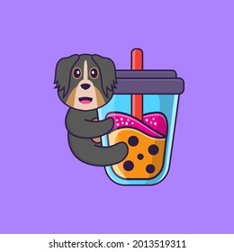 Cute dog Drinking Boba milk tea. Animal cartoon concept isolated. Can used for t-shirt, greeting card, invitation card or mascot.