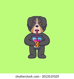 Cute dog Drinking Boba milk tea. Animal cartoon concept isolated. Can used for t-shirt, greeting card, invitation card or mascot.