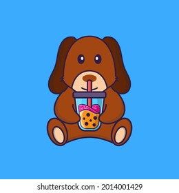 Cute dog Drinking Boba milk tea.