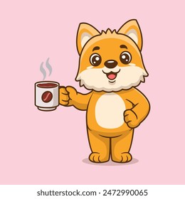 Cute dog drinking coffee cartoon icon illustration. Animal drink icon concept isolated flat cartoon style