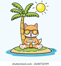 cute dog drinking orange juice under coconut tree, cartoon flat style, illustration for summer