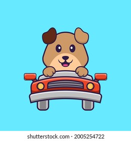 Cute dog is driving. Animal cartoon concept isolated. Can used for t-shirt, greeting card, invitation card or mascot.