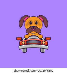 Cute dog is driving. Animal cartoon concept isolated. Can used for t-shirt, greeting card, invitation card or mascot.