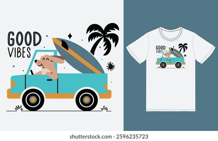 Cute dog driving car illustration with tshirt design vector the Concept of Isolated Technology. Flat Cartoon Style Suitable for Landing Web Pages,T shirt, Flyers, Stickers