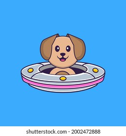 Cute dog Driving Spaceship Ufo. Animal cartoon concept isolated. Can used for t-shirt, greeting card, invitation card or mascot.