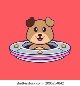 Cute dog Driving Spaceship Ufo. Animal cartoon concept isolated. Can used for t-shirt, greeting card, invitation card or mascot.