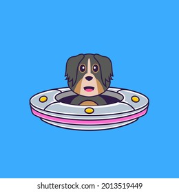 Cute dog Driving Spaceship Ufo. Animal cartoon concept isolated. Can used for t-shirt, greeting card, invitation card or mascot.