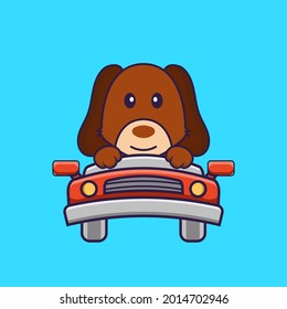 Cute dog is driving. Vector Illustration