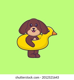 Cute dog With Duck buoy. Animal cartoon concept isolated. Can used for t-shirt, greeting card, invitation card or mascot.