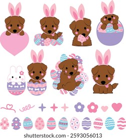 cute dog easter clipart, fluffy dog bunny ears, brown puppy easter basket, pastel easter eggs dog, adorable puppy easter art, kawaii dog with eggs, spring holiday pet clipart