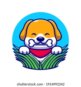 Cute Dog Eating Bone On Grass Cartoon Vector Icon Illustration. Animal Nature Icon Concept Isolated Premium Vector. Flat Cartoon Style