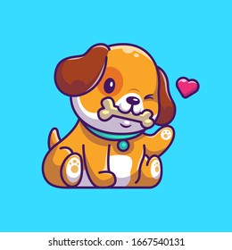 Cute Dog Eating Bone Vector Icon Illustration. Puppy Dog Mascot Cartoon Character. Animal Icon Concept White Isolated. Flat Cartoon Style Suitable for Web Landing Page, Banner, Flyer, Sticker, Card