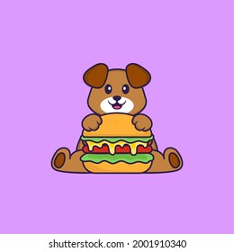 Cute dog eating burger. Animal cartoon concept isolated. Can used for t-shirt, greeting card, invitation card or mascot.