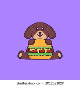 Cute dog eating burger. Animal cartoon concept isolated. Can used for t-shirt, greeting card, invitation card or mascot.