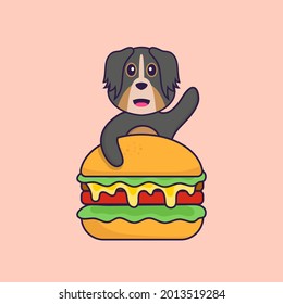 Cute dog eating burger. Animal cartoon concept isolated. Can used for t-shirt, greeting card, invitation card or mascot.