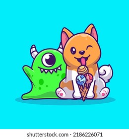 Cute Dog Eating Ice Cream With Monster Cartoon Vector Icon Illustration. Animal Food Icon Concept Isolated Premium Vector. Flat Cartoon Style