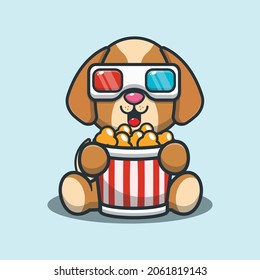 Perro lindo comiendo palomitas de maíz y viendo películas en 3d