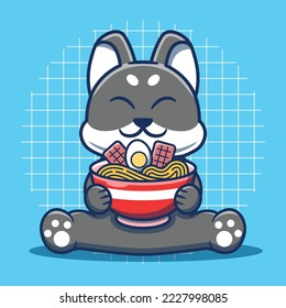 Cute dog eating ramen noodle cartoon vector illustration.