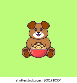 Cute dog eating ramen noodles. Animal cartoon concept isolated. Can used for t-shirt, greeting card, invitation card or mascot.