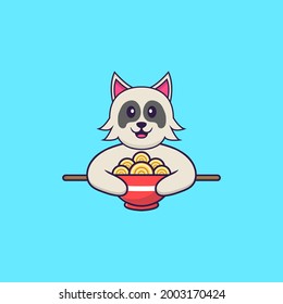 Cute dog eating ramen noodles. Animal cartoon concept isolated. Can used for t-shirt, greeting card, invitation card or mascot.