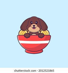 Cute dog eating ramen noodles. Animal cartoon concept isolated. Can used for t-shirt, greeting card, invitation card or mascot.