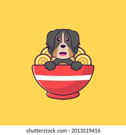Cute dog eating ramen noodles. Animal cartoon concept isolated. Can used for t-shirt, greeting card, invitation card or mascot.