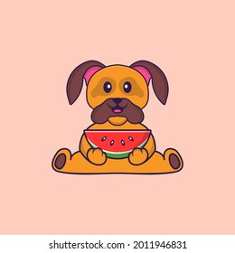 Cute dog eating watermelon. Animal cartoon concept isolated. Can used for t-shirt, greeting card, invitation card or mascot.