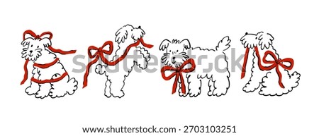 Cute Dog With elegant ribbon and bow. Pet Sketch illustration in a playful doodle style. Valentine's Day print - vector clipart. Whimsical romantic print