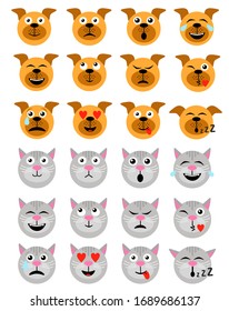 Cute Dog and Сat Emoticon. Dog and Сat Emoji Emoticon Expression. Happy, sad, angry, dazed, sleep, shocked, tired, in love and other emotions. Flat style vector illustration