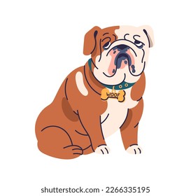 Perro lindo de raza de bulldog inglesa. Divertido perrito perrito, retrato animal canino. Mazo de perrito en el cuello. Un cachorro abucheado adorable. Ilustración vectorial plana coloreada aislada en fondo blanco