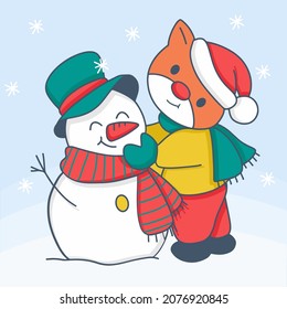 Cute dog enjoy to making snowman, wearing hat and scarf, nose is carrot, arm is branch, cartoon flat design for merry christmas and happy new year card, vector illustration