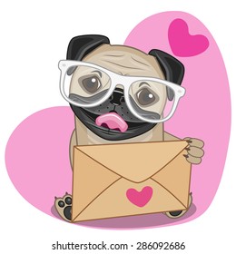 Cute Dog in with envelope on a heart background
