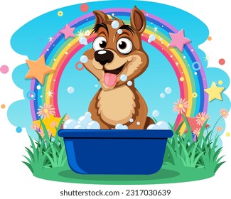 A cute dog excited to take a bath illustration