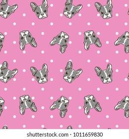 Cute Dog Face Cartoon Seamless Repeat Pattern - Boston Terrier, French Bulldog - Turquoise Green Background with Grey Dogs Color Palette on pink background