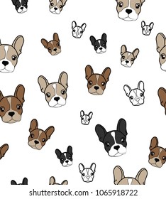 Cute Dog Face Cartoon Seamless Repeat Pattern, French Bulldog - Multicolor Palette. Vector illustration. Puppies isolated isolated on a white background.