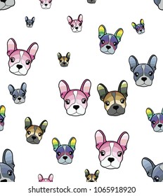 Cute Dog Face Cartoon Seamless Repeat Pattern, French Bulldog - Multicolor Palette. Vector illustration. Puppies isolated isolated on a white background.