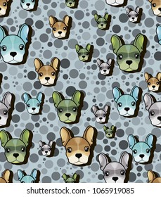 Cute Dog Face Cartoon Seamless Repeat Pattern, French Bulldog - Multicolor Palette. Vector illustration. Puppies.