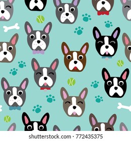 Cute Dog Face Cartoon Seamless Repeat Pattern - Boston Terrier / French Bulldog - Turquoise Green Background with Grey Dogs Color Palette