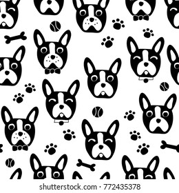 Cute Dog Face Cartoon Seamless Repeat Pattern - Boston Terrier / French Bulldog - Black and White Color Pallette