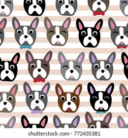 Cute Dog Face Cartoon Seamless Repeat Pattern - Boston Terrier / French Bulldog - Stripe Background