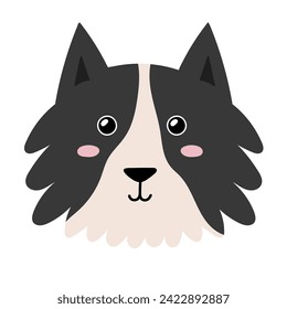 Cute dog face in cartoon style. Sheepdog character head for baby and kids design. Funny smiling animal print. Vector illustration