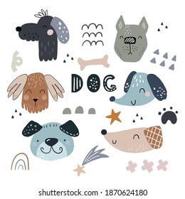 Cute dog face childish print. Printable templates. Perfect for t-shirt, apparel, cards, poster, nursery decoration. Vector Illustration