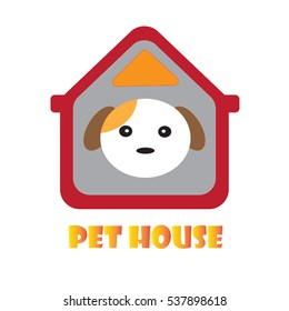 Cute dog face in gray house for pet shop logo