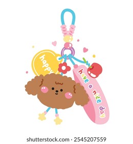 Cute dog face head keychain bag with bead.Happy text.Cherry,flower,star.Pet animal cartoon.Image for card,sticker,decoration item.Kawaii.Vector.Illustration.