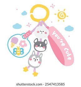 Cute dog face head keychain bag with bead in ball.Ice cream,flower,butterfly,cloud,sun,star.Pet animal cartoon.Image for card,sticker,decoration item.Kawaii.Vector.Illustration.