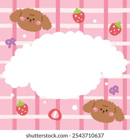 Cute dog face head in paper note.Stationary template.Strawberry and bow hand drawn.Pet animal character cartoon design.Image for card,sticker,paper sheet.Kawaii.Vector.Illustration.