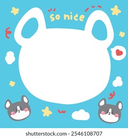 Cute dog face head in paper note.Stationary template.Star,cloud,heart hand drawn.Pet animal character cartoon design.Image for card,sticker,paper sheet.Kawaii.Vector.Illustration.