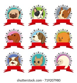 Cute dog face icons isolated on a white background. Vector set of cartoon animal head with red banner ribbon, bone and footprint.